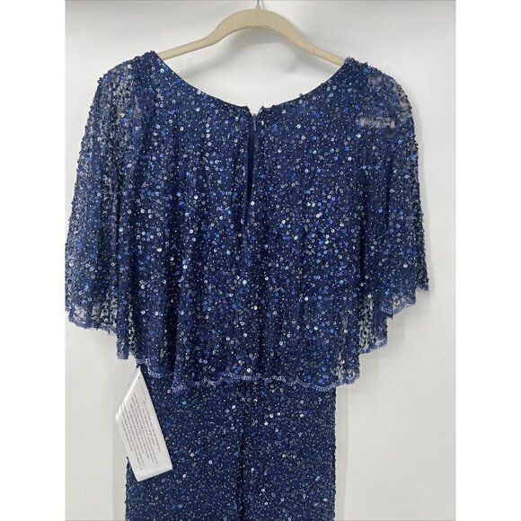 Mac Duggal Size 4 Navy Blue SEQUINED V-NECK CAPE SLEEVE BEADED WAIST GOWN 4808 - Picture 7 of 11